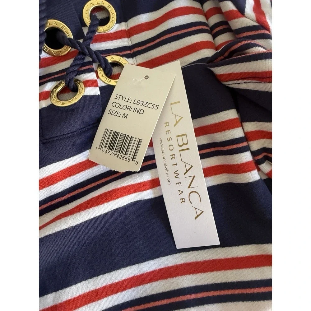 NWT La Blanca Sailor Stripe Lace-Up Cover-Up Knit Tunic/Dress L55213 Size M